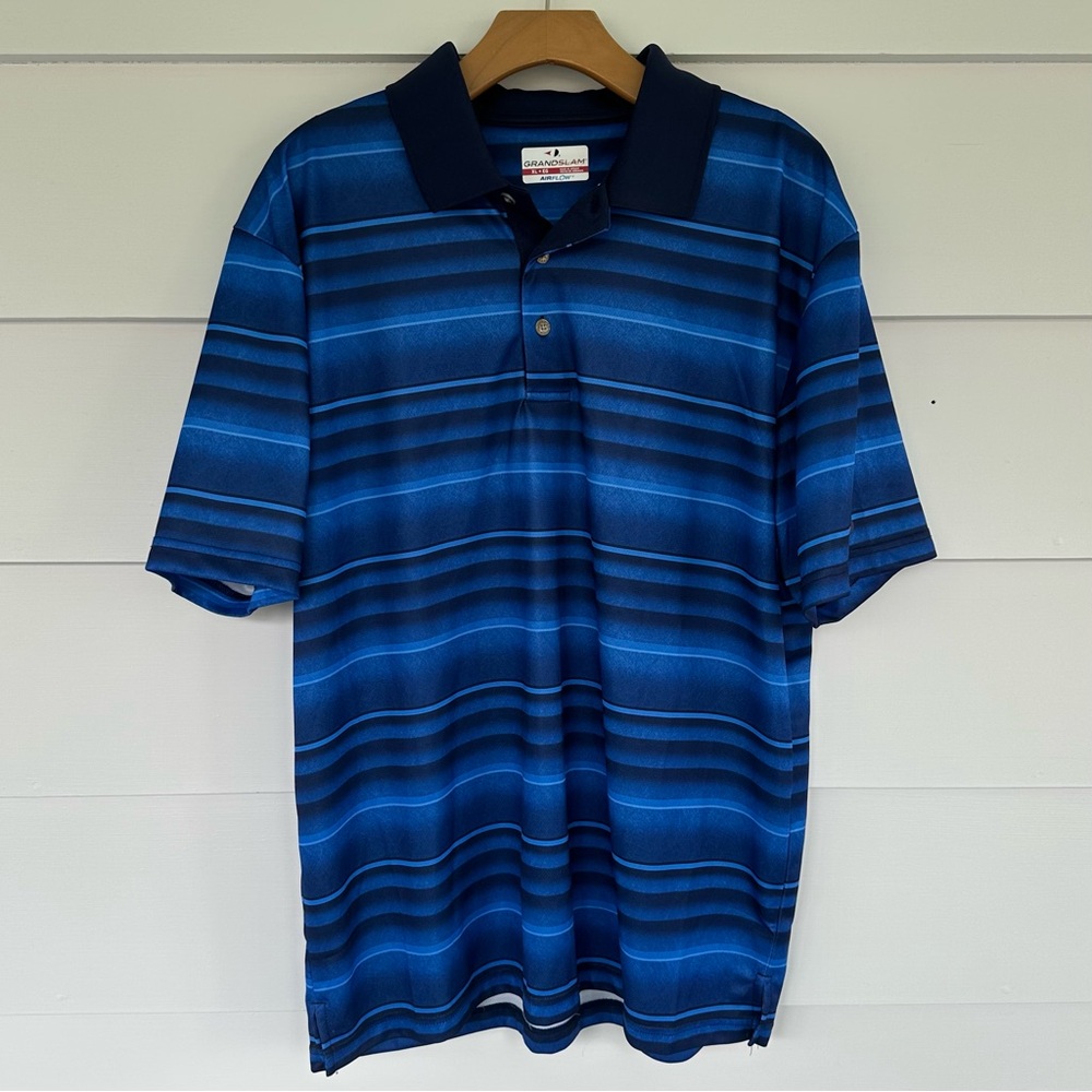 MENS- blue stripe polo shirt with Airflow, XL, EUC